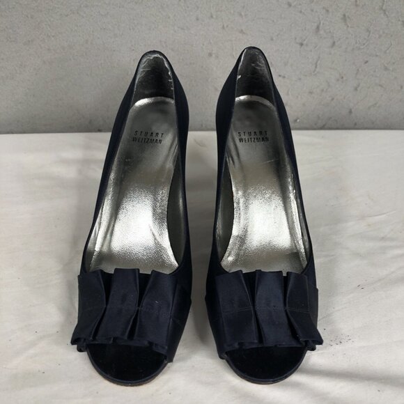Stuart Weitzman Shoes - Stuart Weitzman Satin Heels Womens 8M Navy Blue Gigiritz Open Toe Old Money